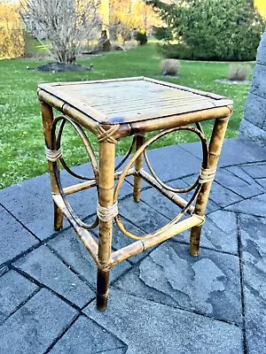 VTG Scorched Bamboo Geometric Side Table Plant Stand Boho Chic  H16xW11.5” • $99