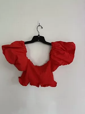 Zara Womens Red Puff Sleeve Smocked Crop Top Summer Size Large • $11.99