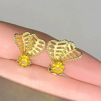 Vtg Gold Tone Earrings Yellow Rhinestones Bumblebee Wings Clip Earrings • $6.97