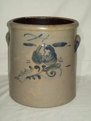 Primitive #4 Stoneware Crock ~ Early Salt Glaze Pottery ~ Cobalt Blue Design ! • $425