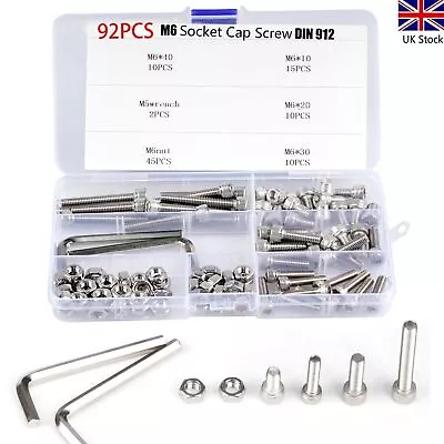 92pcs M6 Socket Cap Screw Hex Head DIN 912 A2 Stainless Steel Allen Bolt Nut Set • £9.12