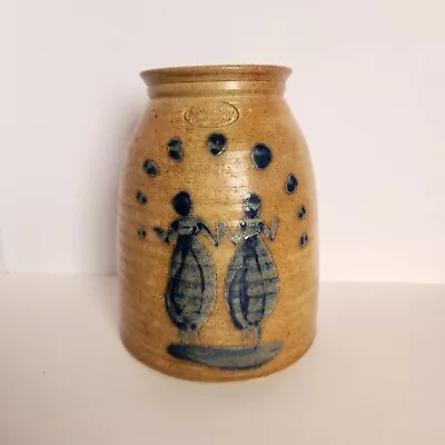 1988 B Stebner Pottery Crock Hartville Ohio Cobalt Blue 2 Ladies Girls Friends  • $224.99