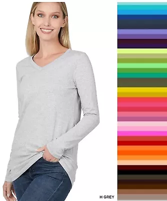 $9.77 • Buy Womens T Shirt V Neck Long Sleeve Zenana Cotton Plain Stretch Top STORE CLOSING