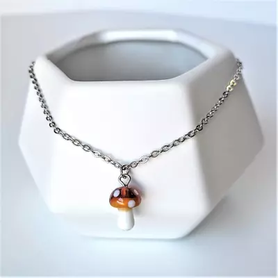 Brown Glass Mushroom Pendant On Dainty Silver Chain Fairycore Necklace • $15.90