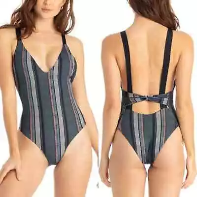 Tavik Womens Swim Grey Stripe Claire Open Back One Piece Cheeky NWOT Size S • $39.99