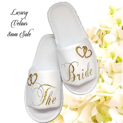 £5.95 • Buy Bride Bridal Wedding Slippers Bridesmaid Guest Sparkling Gold Letters VELOUR