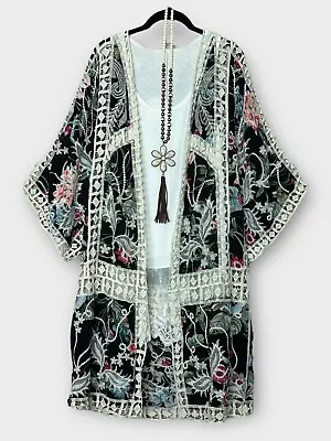 BOHO Crochet BLACK EMBROIDERED KIMONO CARDIGAN DUSTER One Size Fits S Up TO 1 X • $77.33
