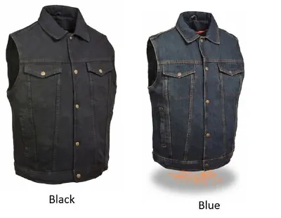 Men's Snap Front Motorcycle Biker Denim Vest W/ Shirt Collar • $54.99