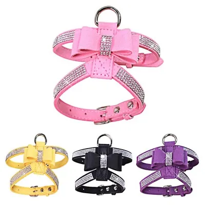 £10.31 • Buy Rhinestone Dog Harness Leather Bow Tie Bling Diamante Collar Crystal Pet Puppy