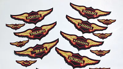 1970s STYLE MOTORCYCLE WINGS - PATCHES - 8 MAKES - 3 SIZES - 250/300mm & 110mm • £4.95