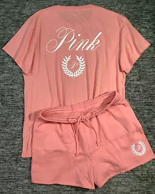 Victoria's Secret Pink Campus SS Tee Shirt + Shorts Set Passion Pink Coral XL • $109.99