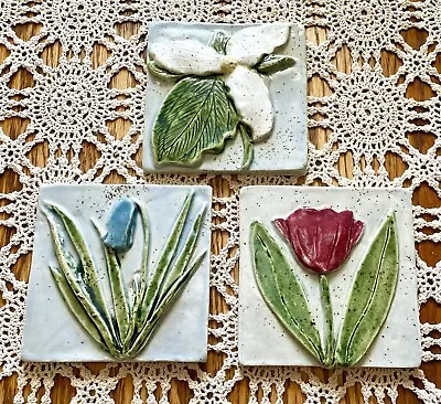 THREE Fresh Fish Studio Art  Pottery Tiles Plaques Minnesota Trillium Tulip • $65