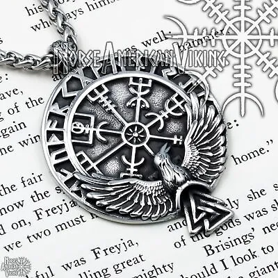 Viking Compass Vegvisir Rune Raven Valknut Stainless Steel Pendant Necklace • $24.99