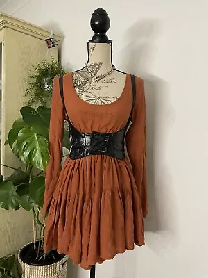 Vintage Autumn Brown Orange Flowy Tiered Babydoll Long Sleeve Mini Dress S Goth • $15