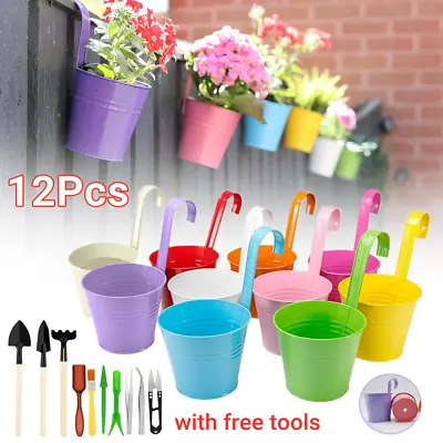 12X Metal Hanging Planter Plant Pots Garden Fence Balcony Railing Flower Pot UK • £13.99