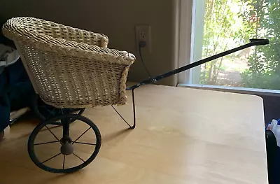 Antique Wicker Rattan Wood Canvas Baby Doll Carriage Buggy Stroller Wagon • $48