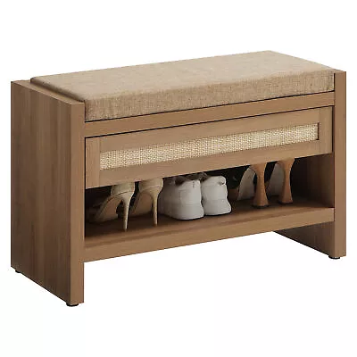 Rattan Shoe Bench Entryway Shoe Rack With Storage Organizer Drawer And Cushion • $135.99