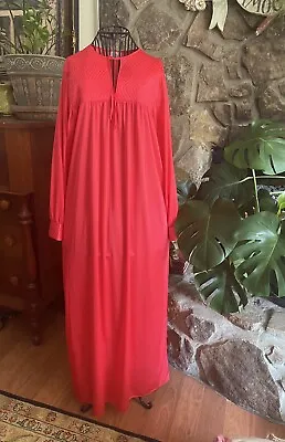 Vintage 1970s Milco New York Coral Red Maxi Nightgown Size Small USA Made • $24.99