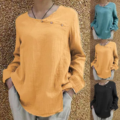 Womens Cotton Linen Long Sleeve T-Shirt Tops Ladies Casual Loose Blouse Pullover • £7.99