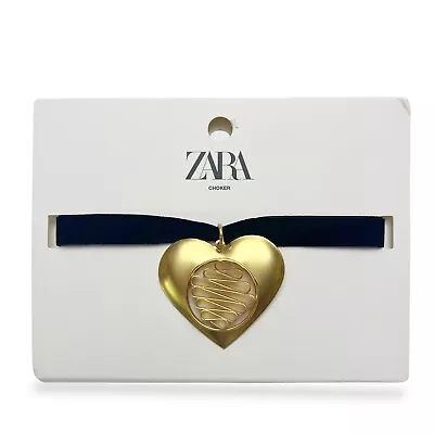 $34.99 • Buy ZARA Matte Goldtone Oversized Heart Black Velvet Choker Necklace NEW 4736/010