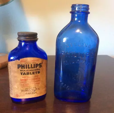 2 Vintage Cobalt Blue Milk Of Magnesia Bottles 5 & 7 Inches • $19.99
