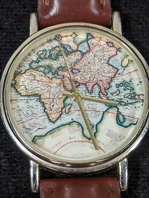 Womans Globe Map Dial Round Silver Tone Case Brown Leather Band Watch 7 Inch • $13.99