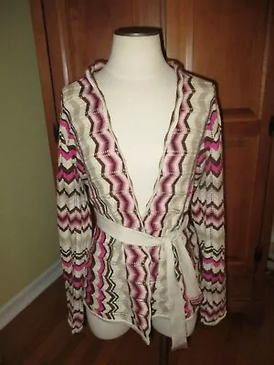 Sigrid Olsen Brown Pink Chevron Stripes Belted Silk Blend Cardigan Sweater M • $7.99