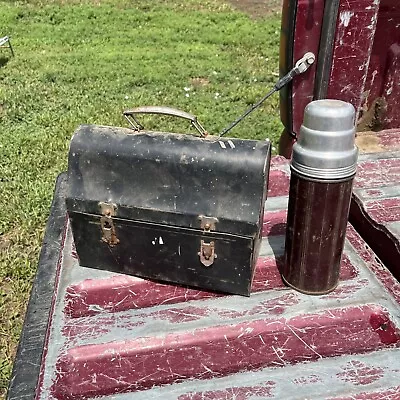 Black Dome Metal Lunch Box Pail Coal Miners With Columbia Thermos • $23.44