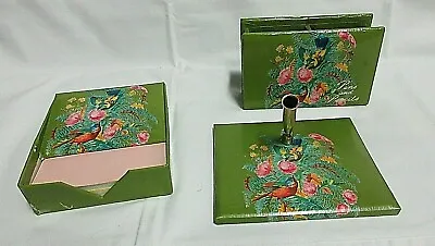 VTG MCM Desk Set 3 PC. Pencil Organizer Pen Holder Pad Holder FLORAL/BIRD JAPAN • $21.73