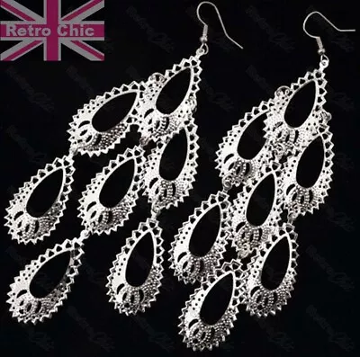 BIG Metal CHANDELIER Ornate Gypsy GOLD/SILVER EARRINGS Boho Filigree RETRO CHIC • £3.44