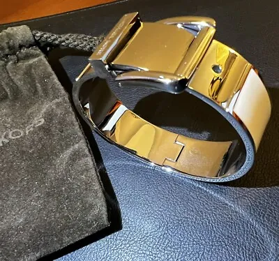 Michael Kors Silver Wide White Enamel Hinge Belt Buckle Bangle Bracelet • $79.99