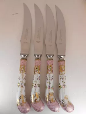 William Adams AE Lewis Pink Floraine Porcelain Handle Knife Set Of 4 Sheffield • $49