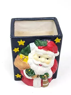 Vintage Candle In Ceramic Painted Holiday Christmas Santa Jar Raised Relief • $4.95