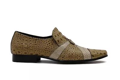 Mens 2 Tone Beige Real Leather Polished Snakeskin Print Loafer Party Dress Shoes • £79.99