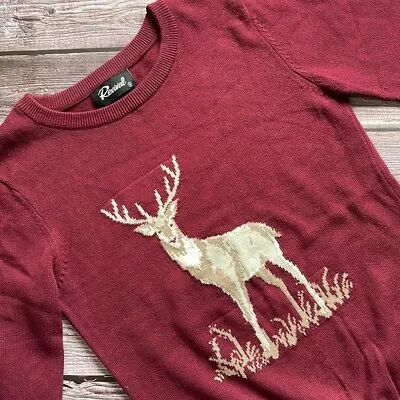 REVIVAL Burgundy Reindeer Crew Neck Knit Sweater Festive Christmas EUC - Size 6 • $59