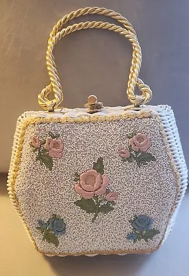 Vintage Miami Beach Narber Original White Straw Beaded Purse W Embroidered Roses • $49.99