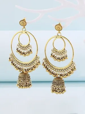 Gold Coloured Jhumka Hoop Earrings Indian Desi Fashion • $24.95