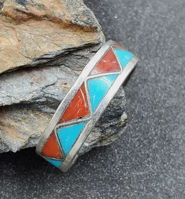 Native American Zuni Turquoise Coral Inlay 925 Sterling Mens Ring Sz 13 VIDEO • $55.99