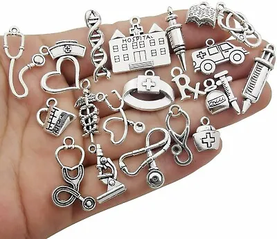 10 Nurse Charms Doctor Pendants Themed Antiqued Silver Assorted Medical Jewelry  • $4.19