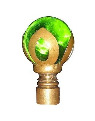 GREEN Glass Marble Vintage Mid Century Lamp Finial Brass Lotus Marked # 2059314 • $24.88