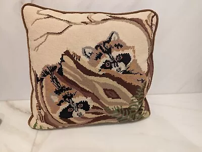 Vintage Needlepoint Accent Pillow 13 X 14  Handmade Pair Of Racoon Velvet Back • $16.99