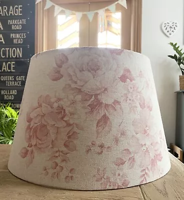 Made To Order Lampshade Pink Natural Linen Faded Roses Fabric Drum Or Tapered  • £25