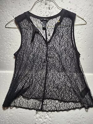 H&M Top Womens Size 8 Black Knitted See Thru Shirt Sleeveless V Neck • $14.99