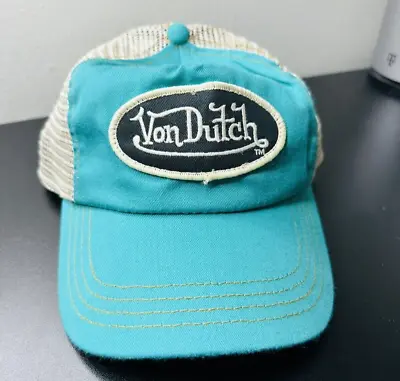 Von Dutch Teal Beige Kustommade Originals Trcker Mesh Snapback Hat • $27.99