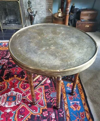 Antique Benares  Table Folding  Legs Brass Enclosed Top Tray • $138.92
