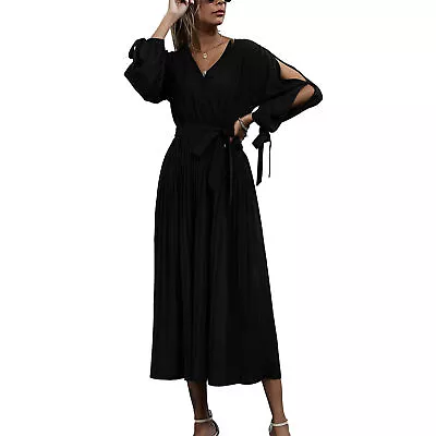 (Black M)Pure Color Dress Fashion V Neck Hollow Polyester Long Sleeved DTD • £20.84