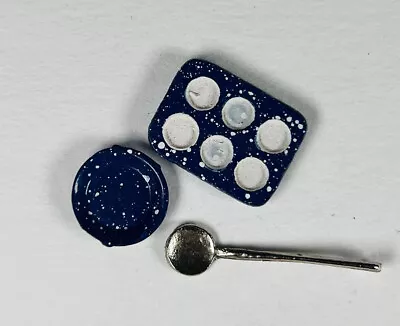 Vintage Dollhouse Miniature Blue Speckled  GRANITEWARE METAL Plate Muffin Spoon • $4.73