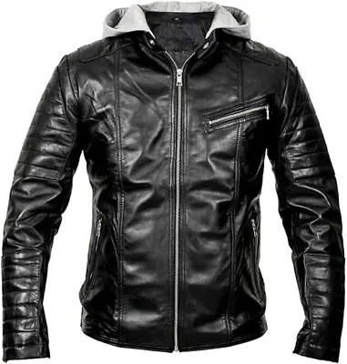 AU Fashion 100% Sheepskin Leather Jacket Hooded Biker Zip-Up For Men • $124.99