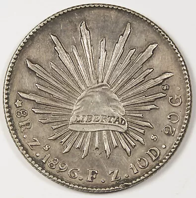Mexico 1896 Zs FZ  CAP AND RAYS  8 Reales Silver Coin XF/AU Original Toning • $74.99