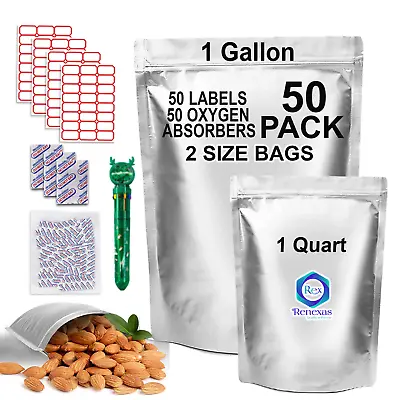 50 Pcs Mylar Bags For Food Storage With Oxygen Absorbers Resealable 9 Mil • $14.99